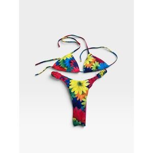 Salty Savage Floral Daisy Print Triangle Bikini Set Multi Color Women Medium
